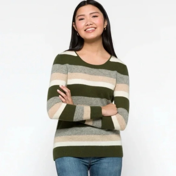 Nwt 41 Hawthorn Women Green Grey Tan Striped SOFT No Itch 100% Cashmere Sweater - Picture 1 of 8